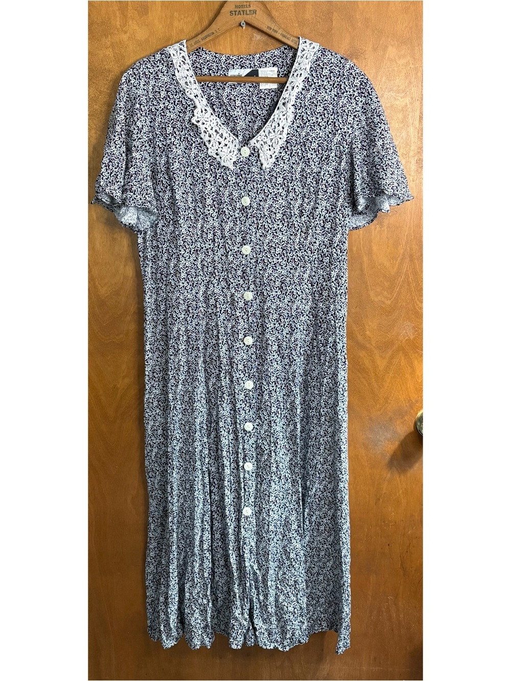 Vintage Ditsy Floral 50s Button Up Maxi Dress Lace Collar Rockabilly Modest 90s